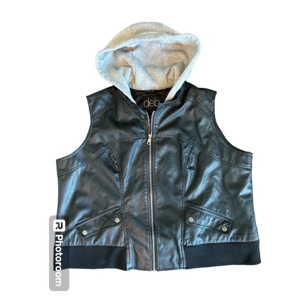 Deb Black Leather Motorcycle Hooded Vest Jacket
